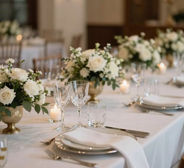 A close-up photography of an elegantly set gala dinner table in a luxury South American venue, featuring crystal glassware, white linens, and sophisticated floral arrangements under soft warm lighting.