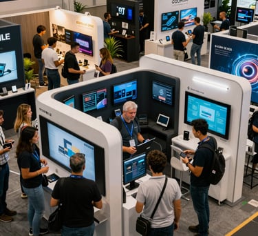High-angle shot of a vibrant but organized tech exhibition floor in Brazil, people interacting at booths with digital screens and sleek designs.