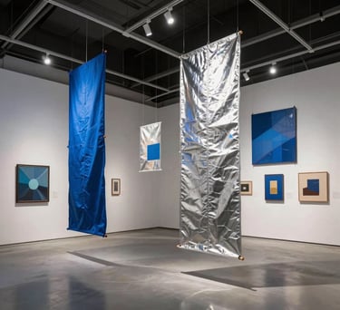 A dynamic shot of a creative exhibition space with hanging installations and interactive walls, modern lighting design in shades of blue and silver.