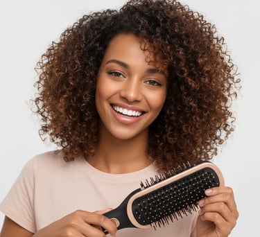 Portrait of a happy woman with curly hair showing off the results of using the styling brush.