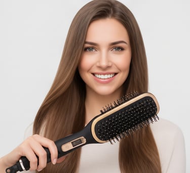 Close-up photo of a woman with long brunette hair smiling confidently, holding the hair brush horizontally in front of her.