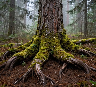 A detailed, eye-level photograph of a thick, moss-covered tree root grounding deep into the rich brown soil of a Canadian forest. Soft, misty morning light filters through the pine needles, creating a peaceful and quiet atmosphere with moss green and soil brown tones.