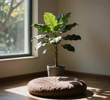 A detailed photograph of a sunlit corner of a meditation room with a single green plant and a soil brown cushion, light filtering through branches outside.