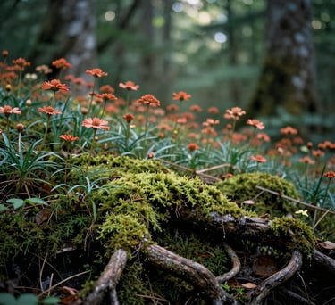 A soft-focus photograph of a North American forest floor with moss-covered roots and small terracotta-colored wildflowers, gentle dappled sunlight through leaves, peaceful and grounded mood.