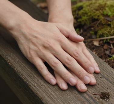 A close-up photography shot of two hands gently resting on a wooden surface, soft natural lighting, earthy soil brown and moss green colors in the background, North American / Canadian style.