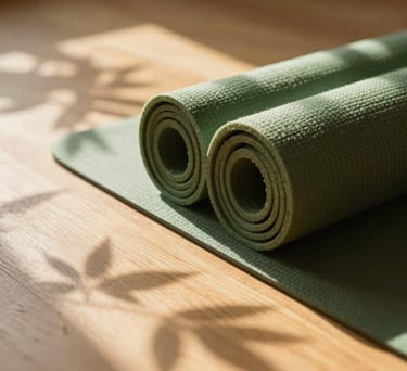A close-up of a wooden floor with soft shadows of leaves, a moss green yoga mat, and a warm golden light, exuding a gentle hug and peaceful atmosphere.