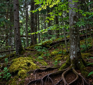 A tranquil Canadian forest scene with light through leaves, roots visible in the earth, soft moss green and soil brown colors, peaceful and grounded photography.