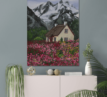 a painting of a house with a mountain view