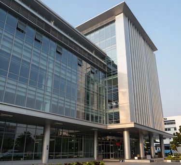 A crisp architectural photograph of a modern pharmaceutical research wing in a South Asian urban setting, featuring glass walls and steel accents under bright afternoon sunlight.