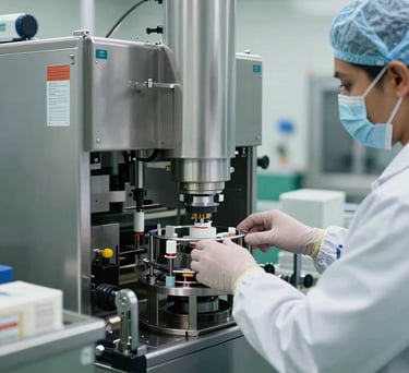 A professional shot of a pharmaceutical packaging line with modern machinery, focusing on the precision and hygiene of the facility in a South Asian context.