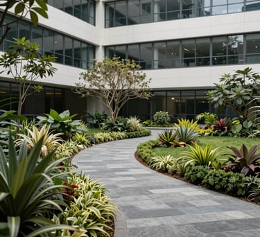 A serene photograph of a landscaped courtyard within the Zoevita corporate campus in South Asia, featuring local flora and stone walkways.