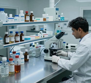 A clean, high-angle shot of a medical research laboratory with stainless steel surfaces and blue lighting accents in a South Asian city.