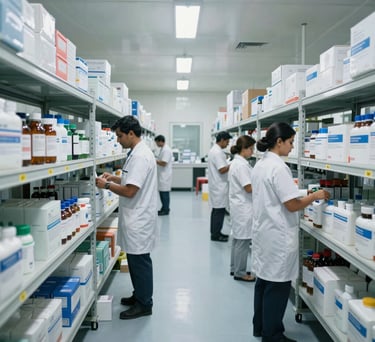Wide shot of a sterile pharmaceutical logistics center in South Asia, showing organized shelving and professional staff managing medical supplies.
