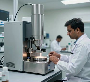 A high-precision pharmaceutical quality control laboratory in India, featuring modern stainless steel equipment on light gray surfaces, bright clinical lighting, and a South Asian technician in professional attire working carefully in the background.