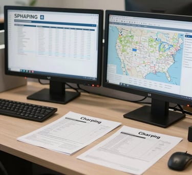 A detail shot of a clean, organized dispatch desk featuring a dual monitor setup with shipping manifests and map data, professional office lighting, US region.