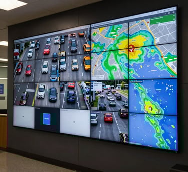 A photograph of a digital wall display in a North American dispatch center showing real-time traffic and weather overlays for logistics planning, professional atmosphere.