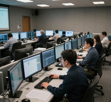 A photograph showing a wide view of a modern North American control room where dispatchers are working diligently at computer terminals, professional and focused atmosphere.