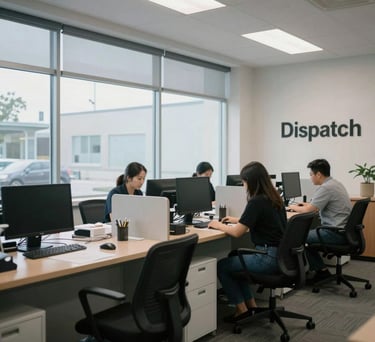 An interior shot of a modern, clean North American dispatch office with large windows and ergonomic chairs, focused on the efficiency of the workspace.