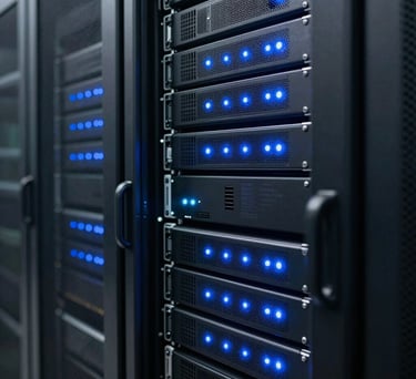 A close-up photograph of a professional logistics server rack with soft blue indicator lights in a climate-controlled North American data center, conveying technical reliability.