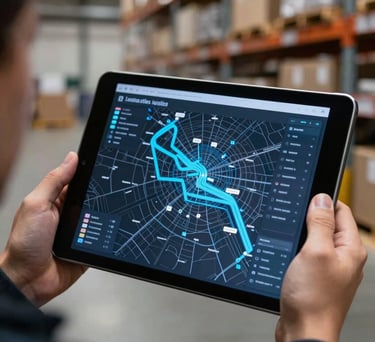 A close-up of a tablet screen showing a 3D logistics map with bright blue tracking lines, held by a professional in a modern warehouse environment.