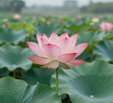 A blooming lotus flower in a quiet pond, natural morning light, soft focus background, deep greens and soft coral tones, photography in a serene Vietnamese landscape.