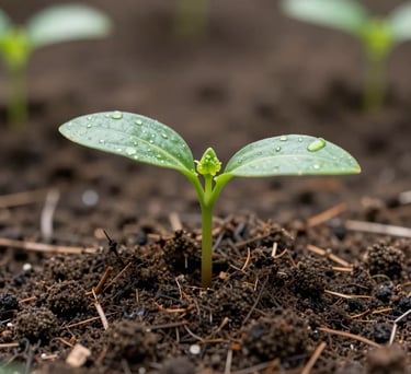 A close-up photograph of a small green seedling growing out of dark, rich soil, symbolizing new beginnings, soft natural lighting, Vietnamese garden context, serene atmosphere.