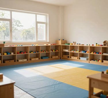 A bright, clean indoor activity room at a preschool in Rudrapur, South Asian / Indian setting, featuring soft floor mats in light blue and mustard yellow colors, wooden toy shelves, and large windows letting in natural sunlight.