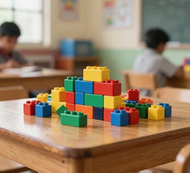 A close-up of colorful educational building blocks on a low wooden table in a joyful classroom, soft natural lighting, vibrant primary colors, South Asian / Indian school interior.