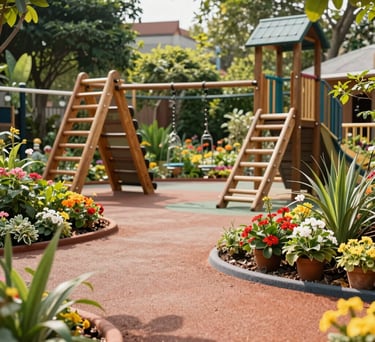 A safe and lush outdoor sensory garden at a South Asian play school, featuring soft rubber flooring, vibrant flowers, and wooden climbing frames. Bright, sunny day lighting.