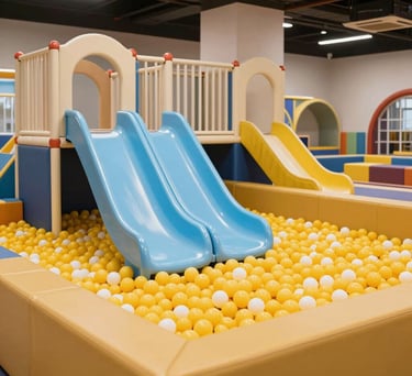 An expansive indoor play area with premium soft flooring, bright sky blue slides, and mustard yellow ball pits. The space is vibrant, safe, and professionally designed for toddlers in India.