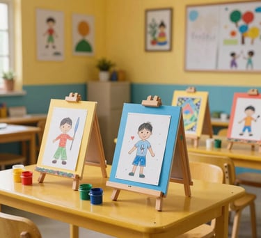 Photography of a vibrant art and craft studio in a South Asian play school, featuring small easels, colorful paint pots, and children's drawings on display. Bright mustard yellow and sky blue accents, soft natural lighting.