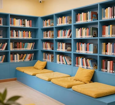A cozy and brightly lit children's library with low sky blue bookshelves and comfortable mustard yellow cushions. Features a warm and inviting reading environment for kids in a South Asian school.