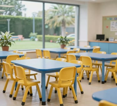 Interior shot of a clean, modern children's cafeteria in a South Asian school. Features child-sized mustard yellow chairs and sky blue tables, with large windows overlooking a green garden.