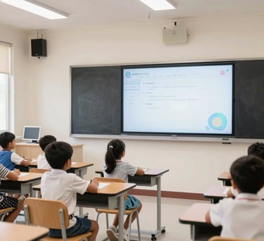 A high-tech smart classroom for young children in India, showing a large interactive screen and ergonomic furniture. The room is decorated in a professional yet joyful style with clean lines and bright off-white walls.