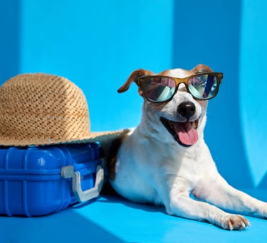 Un Jack Russell Terrier feliz con gafas de sol junto a una maleta azul y un sombrero de paja.
