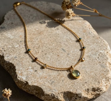 A beautiful flat lay of handcrafted bohemian jewelry on a piece of raw sandstone. Soft brass necklaces with delicate small gemstones, dry wildflowers, soft warm shadows from the late afternoon sun, organic rustic vibes, Breton workshop, photography.