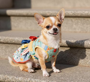 Un adorable cachorro de chihuahua de color canela, con un colorido vestido floral para perros