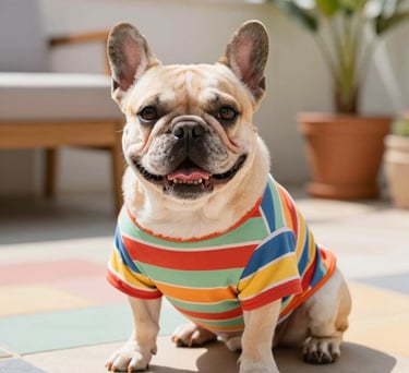  Un adorable bulldog francés color crema con una colorida camiseta de rayas para perros