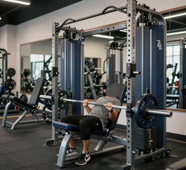 Clean, high-performance weight room in North American / US, specializing in athletic development, blue and grey equipment, professional gym atmosphere.