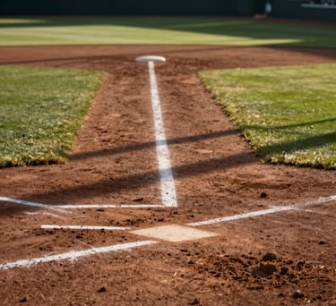 Focused shot of perfectly groomed infield dirt and white foul lines in a North American / US professional stadium, dramatic morning shadows.