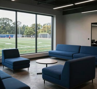 Interior view of a modern athlete lounge in North American / US, minimalist furniture with deep blue accents, overlooking the training field.