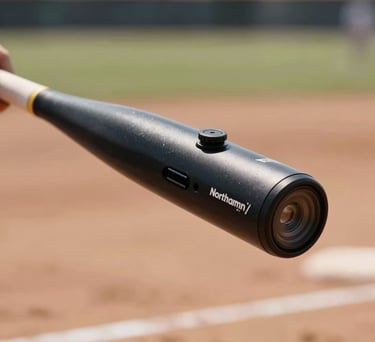 Close-up of a high-speed motion capture sensor on a softball player's bat in a North American / US training facility, highlighting technology and precision.