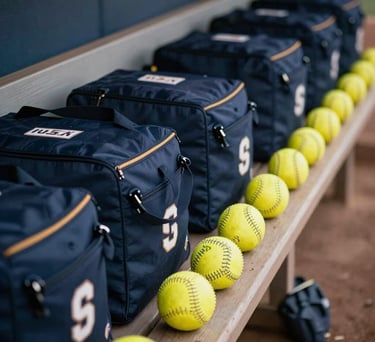 A close-up photograph of a row of dark navy blue equipment bags and yellow softballs lined up neatly on a professional dugout bench, North American / US sports context.