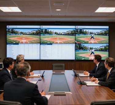 Strategic meeting room in North American / US with large digital displays showing softball analytics and scouting videos, professional aesthetic.