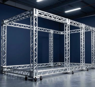 Wide shot of a professional lighting rig and truss systems stored in a clean, modern warehouse in Brazil, ready for event rental, lit with cool white and navy blue tones.