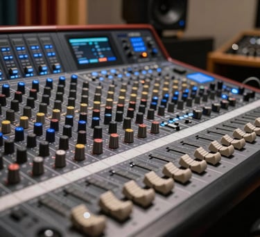 A close-up of a professional sound mixing console in a dark music studio, glowing steel blue lights, elegant and modern setup in a South American / Brazilian production house.