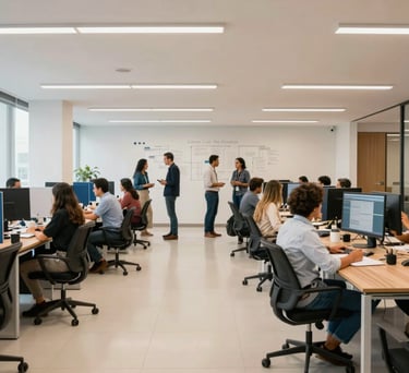 A wide shot of a modern creative office in Brazil, with people collaborating on marketing strategies, bright off-white and steel blue decor.