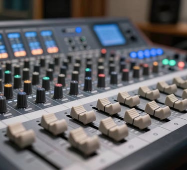 A close-up photograph of a professional digital audio mixing console with glowing faders in a modern South American / Brazilian recording studio, bokeh background with steel blue lighting.