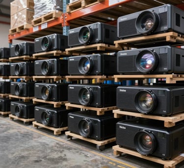 Clean rows of professional event lighting equipment and projectors stored in a modern Brazilian warehouse, organized and high-tech.