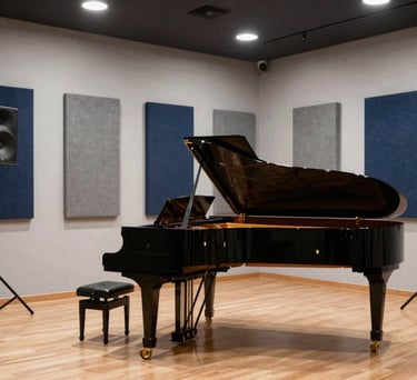 A high-end rehearsal space for artists, featuring acoustic panels, a grand piano, and modern sound equipment, light grey and navy tones.